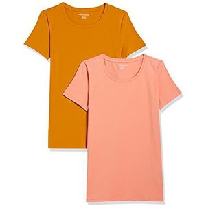 Amazon Essentials Set van 2 T-shirts voor dames met korte mouwen en ronde hals, klassieke pasvorm, koraaloranje/goudgeel, maat XL