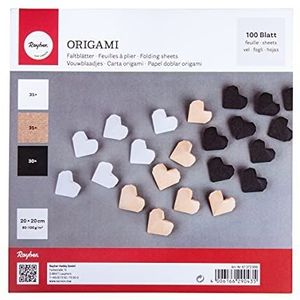 Rayher Origami 100 stuks vouwpapier, 20 x 20 cm, 80-100 g/m², 3 verschillende kleuren, zwart/wit / kraftpapier, dubbelzijdig, voor kinderen en volwassenen, 100 stuks