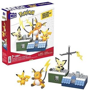 Mega Pokémon Evolution Pikachu bouwset, met 3 beweegbare figuren, waaronder Pichu, Pikachu en Raichu, 160 bouwstenen en onderdelen, kinderspeelgoed, vanaf 6 jaar, HKT23