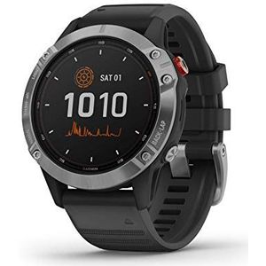 Garmin Fenix 6 Solar Smartwatch gps Multisport High End met betaling zonder contact Garmin Pay - zilver met zwarte siliconen armband - wijzerplaat 47 mm