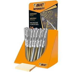 BIC Intensity Metallic Marker, onuitwisbaar, gebogen punt en metalen behuizing, metallic kleuren goud en zilver, 24 stuks