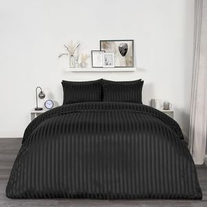 OHS Satijnen beddengoedset voor tweepersoonsbed, gestreept, ultrazacht, decoratief, modern, luxueus, dekbedovertrek met kussenslopen, zwart