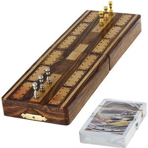 Ajuny Traditonal Wooden Cribbage bordspel met metalen pinnen en kaarten met opbergruimte, 13,8 x 8,5 x 5,5 cm