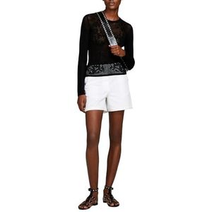 Sisley 4ED4L901A Short en coton stretch pour femme, taille régulière, poches, motif de bordure au bas, blanc, 38, Blanc., 38