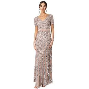 Maya Deluxe Maxi damesjurk, lange jurk versierd met pailletten en met korte mouwen, V-hals, hoge taille, glitter, baljurk, bruidsmeisjesjurk, Taupe