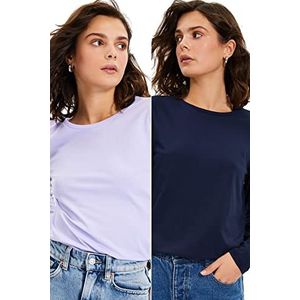 Trendyol T- Shirt Blanc À Manches Longues pour Vélo-Col Basique en Tricot Femme, Bleu Marine/Lilas, S