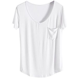 Sykooria Soft Casual T-shirt voor vrouwen korte mouwen V-hals effen tops blouse dames, A-wit, XL, A-wit