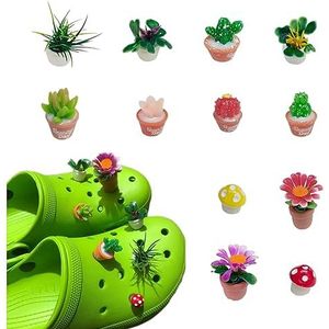 12 stuks plantenbedels voor crocs, Jibitz-bloemen, paddenstoel, schoenen voor Crocs klompen, sandalen, klompen, 3D-bedels, krokodil, tuinfeest, decoratie, kunststof, Kunststof