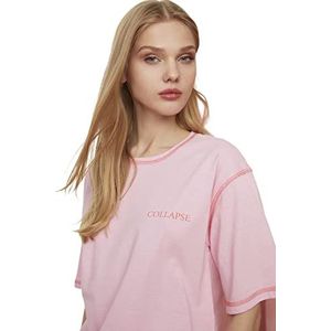 Trendyol T-shirt, gebreid, los, roze, geruit, bedrukt, dames, roze, L, Roze
