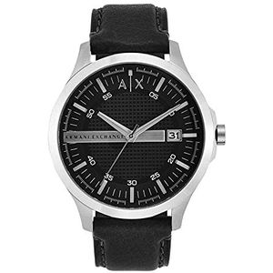 Armani Exchange Herenhorloge, datumuurwerk met drie wijzers, 46 mm roestvrijstalen behuizing met leren armband, AX2101, zwart., riem