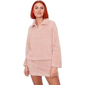 OHS Fleecepullover met lange mouwen voor dames, met button-down-kraag, warm, comfortabel, zacht, comfortabel, Roze