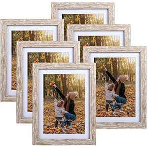 EXYGLO Set van 6 rustieke fotolijsten 13 x 18 cm met natuurlijke houtnerf voor foto's 18 x 13 met passe-partout of 15 x 20 zonder passe-partout, wand- of tafelstandaard