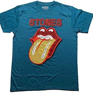 Rolling Stones T-shirt unisexe avec logo langue en strass Bleu sarcelle, bleu, M