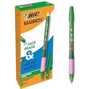 BIC Illusion - Uitwisbare en navulbare pennen met medium punt (0,7 mm) - groene inkt - doos met 12 stuks