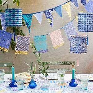 Talking Tables Picado vlaggetjesslinger van papier, blauw, 3 m, Marokkaans geometrisch patroon voor tuin, zomerverjaardag, kleurrijke Mexicaanse feestdecoraties voor Cinco de Mayo, Encanto
