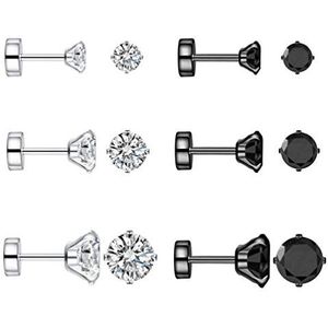 6 paar oorstekers van roestvrij staal 18 G/1 mm met kleine zwarte zirkonia voor kraakbeel, oorlelletje, helix, 6 paar platte piercings, 3 mm, 4 mm, 5 mm, kristal, zirkonia