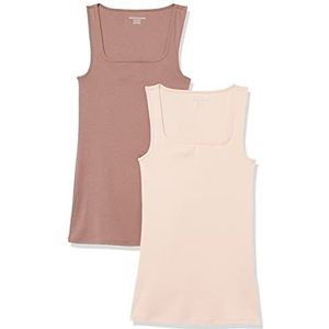 Amazon Essentials Lot de 2 débardeurs à col carré pour femme, coupe ajustée, beige clair/taupe foncé, taille XS