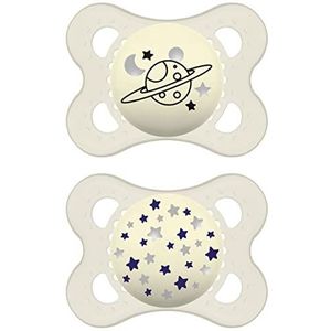 MAM Originele Night S214 fopspeen met fopspeen van ultrazachte SkinSoftTM siliconen voor baby's vanaf 0 maanden - licht op in het donker - neutraal (2 stuks) - met zelfsteriliserende doos