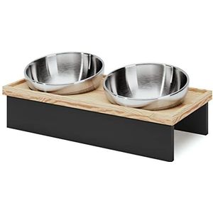 Voerbak voor katten en kleine honden, 2 roestvrijstalen voerbakken, massief grenenhout
