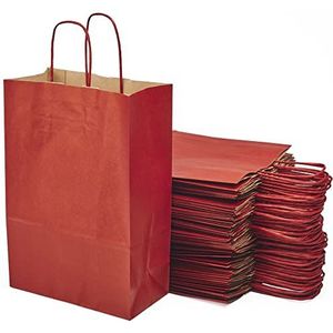 50 rode boodschappentassen van kraftpapier met handgrepen – 20 x 10 x 29,2 cm – boodschappentas/geschenkverpakking voor verjaardag, Kerstmis, bruiloft.
