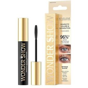 Eveline Cosmetics Wonder Show Veganistische mascara, versterkt het volume en verlengt het volume, 91% natuurlijke ingrediënten, slijtvast, voedende formule voor wimperverzorging