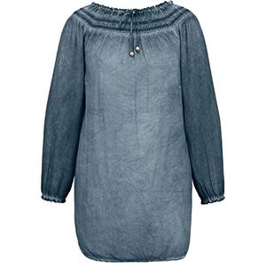 Ulla Popken Damesblouse, lange mouwen, oliekleurig, carmenkraag, jeansblauw, mat, maat 48-50, blauwe jeans-mat