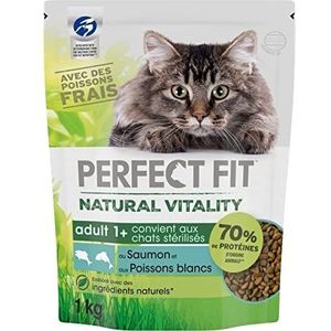 PERFECT FIT NATURAL VITALITY Droogvoer voor volwassen katten, gesteriliseerd, witte vis en zalm, 6 zakken, 1 kg, compleet en uitgebalanceerd voer met natuurlijke ingrediënten