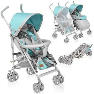 LIONELO Elia opvouwbare kinderwagen, tot 15 kg, rug- en voetensteun, achterrem, muggennet, beenwarmer, boodschappenmand (tropisch turquoise)