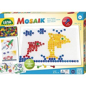 Lena 35606 - Mozaïekset met 260 pinnen, transparante steekknopen Ø 10 mm, mozaïek met voorbeelden, naaiplaat 28 x 19,5 cm, speelspel voor kinderen vanaf 3 jaar, set van