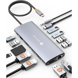 NOVOO 14-in-1 dockingstation met dubbele monitor, USB C naar Dual HDMI, Displayport, Ethernet RJ45, 100 W PD, USB 3.0/2.0, SD/TF en audio, USB C dockingstation voor MacBook HP Dell
