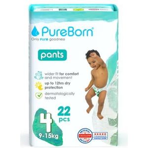 PureBorn Premium luierbroekjes, maat 4 (9-15 kg), 22 babybroekjes, superieure bescherming voor dag en nacht, hypoallergeen, ultrazacht, dermatologisch getest, huidvriendelijk
