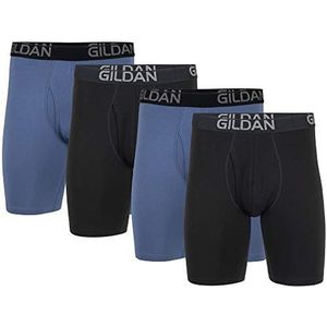 Gildan Cotton Stretch Long Leg Boxershorts voor heren (4 stuks), Zwart Roet/Leisteen Blauw (Set van 4)