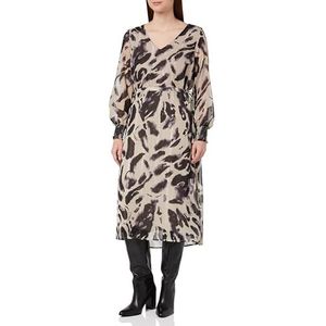 KAFFE Robe midi pour femme, col en V, manches longues, ceinturée en mousseline de soie, coupe décontractée, Noir/gris plume Lion, 66