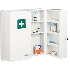 Relaxdays Medicijnkastje met 11 vakken van staal, 53 x 53 x 21,5 cm, dubbele deur, wit