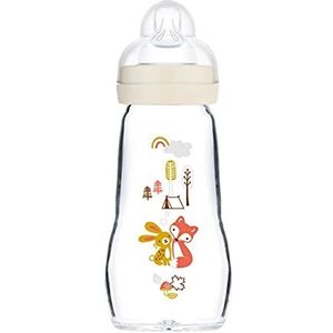 MAM Feel Good glazen babyflesje (260 ml), babyfles met brede opening, stabiele zuigfles met speentje in maat 1, vanaf 0 maanden, natuurlijke motieven, haas/vos,260ml,fuchsia