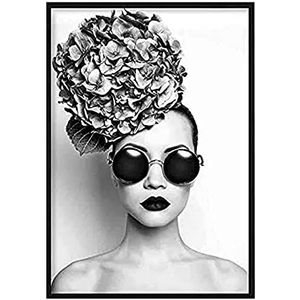 Artze Wall Art Fotodruk voor dames, met zonnebril en bloemen, 50 x 70 cm, zwart/wit