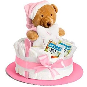Luiertaart roze met knuffeldier voor meisjes, cadeau voor geboorte, doop of babyshower, cadeau-idee met luiers voor pasgeborenen, wenskaart