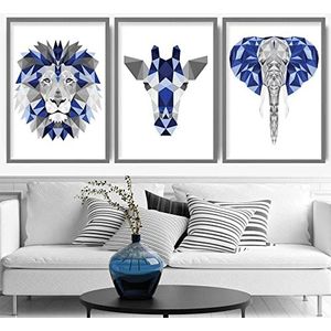 Artze Wall Art 3 stuks geometrische kunstdrukken met junglekop, giraf, leeuw, olifant, blauw/grijs, 30 x 40 cm