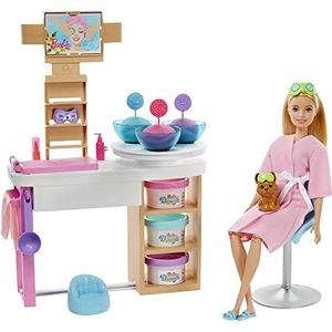 Barbie Wellness Spa-dagset met blonde pop, schoonheidssalon, puppyfiguur en meer dan 10 accessoires, kinderspeelgoed, GJR84