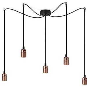 Sotto Luce Bi minimalistische hanglamp met 5 lampen, koperen metalen fittingen, 1,5 m zwarte textielkabel, plafondrozet zwart, 5 x E27