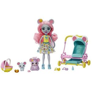 Enchantimals HKR57 Set stadsbeesten met Mauria Muis pop, 2 dierenfiguren en dubbele kinderwagen, speelgoed voor kinderen, vanaf 3 jaar, HKR57