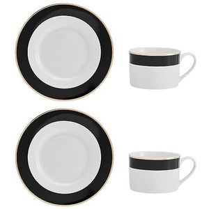 Mikasa Luxe Deco Theekopjes en schotelset in China, 2 x theekopjes en schoteltjes met strepenmotief, kopjes van 200 ml, geschenkverpakking en vaatwasmachinebestendig