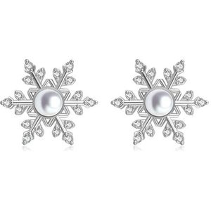 Deyanse Kerstoorbellen voor dames, 925 sterling zilver, sneeuwvlok, met zirkoniaparel, hypoallergeen, met geschenkdoos, kerst- en wintercadeau, Lak Cubic Zirkonia, Parel