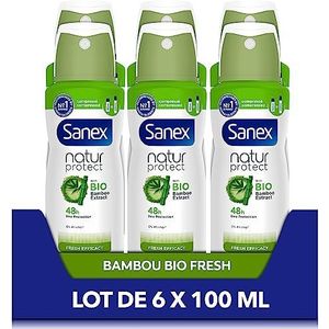 SANEX - Deodorant Spray Gecomprimeerd Natur Protect Fresh Effectief - Biologisch bamboe-extract en natuurlijk biologisch bamboepoeder - 48 uur geurbescherming - veganistisch - 6 x 100 ml