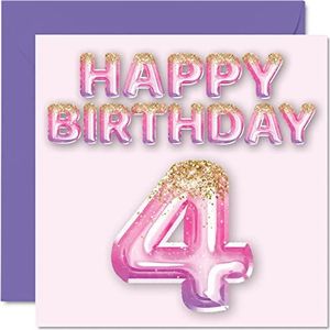 Verjaardagskaart voor meisjes 4 jaar, roze en paarse glitterballonnen, verjaardagskaarten voor dochter, zus, kleindochter, neef, 145 mm x 145 mm