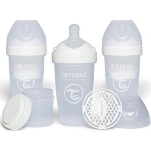 Twistshake Set van 3 Pro Double anti-koliek babyflessen met melkpoederhouder, 260 ml, siliconen fopspeen met gemiddelde doorstroming, vergelijkbaar met de borst, BPA-vrij, geschikt voor baby's van