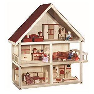 roba Houten poppenhuis met balkon + 25-delige miniatuurmeubels en 4 poppen - voor meisjes en jongens vanaf 3 jaar - natuur/rood