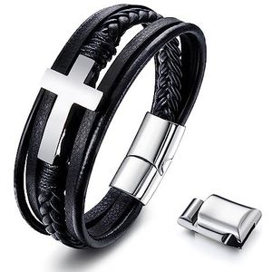 Adramata Herenarmband, leer, kruisarmband, dames, gevlochten, zwart, armbanden van echt leer met magneetsluiting, vriendschapsarmbanden, sieraden, heren, cadeau voor heren