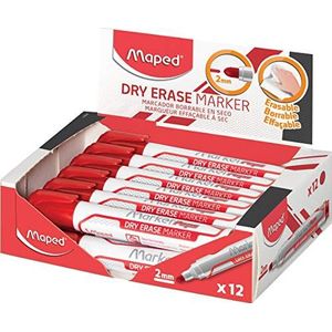Maped - droog afwisbare markers, rood, 12 stuks – brede ronde punt, 2 mm – whiteboards, leisteen en niet-poreuze oppervlakken
