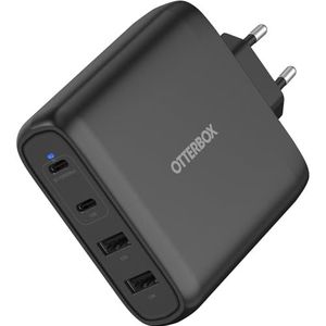 OtterBox EU standaard 100 W USB-C PD GaN wandoplader, 4 poorten, x2 USB-C PD-poorten + x2 USB-A-poorten, snel opladen voor smartphone en tablet, valbestendig, robuust, ultra duurzaam, zwart